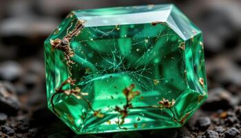 close up view of a polished emerald gemstone revealing natural inclusions and deep green color. photo