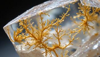 close up view of a rutilated quartz crystal with fine golden rutile inclusions suspended like needles within clear stone. photo