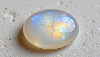 close up view of a moonstone cabochon with soft pearly sheen and glowing blue adularescence under angled light. photo