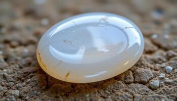 close up view of a chalcedony cabochon with smooth milky translucence. photo