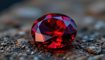 close up view of a faceted spinel gemstone glowing in deep crimson tones. photo