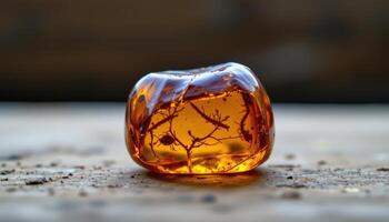 close up view of a chunk of raw amber with ancient organic inclusions visible inside. photo