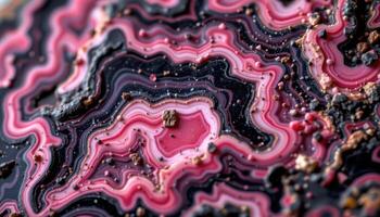 close up view of a rhodonite gemstone showing pink and black swirling patterns. photo