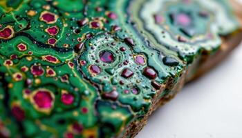 close up view of a polished zoisite specimen with vibrant green and ruby spots. photo