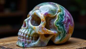 close up view of a carved fluorite skull with layered colors and soft polish. photo