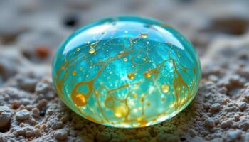 close up view of a gem silica cabochon glowing with rich cyan translucency. photo