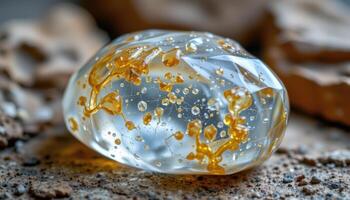 close up view of a tumbled calcite stone with transparent golden body. photo