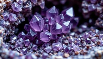 close up view of a cluster of amethyst crystals growing from a geode, showcasing intricate natural formations in purple hues. photo