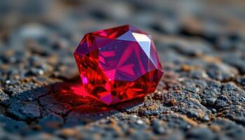 close up view of a faceted ruby gemstone glowing with internal red fire, positioned on a textured stone surface under soft lighting. photo