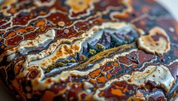 close up view of a polished jasper stone with intricate picture like natural scenes in earthy tones. photo