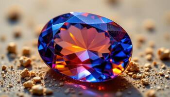 close up view of a polished blue sapphire capturing refracted light through symmetrical cuts, surrounded by scattered mineral dust. photo