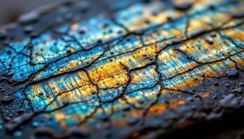 close up view of a labradorite slab with flashes of blue and gold labradorescence moving across the surface. photo