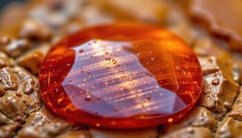 close up view of a polished carnelian gemstone glowing with fiery orange tones and subtle banding across the surface. photo