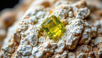 close up view of a rough sphene crystal with yellow green color and high dispersion. photo