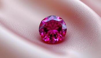 close up view of a faceted spinel gemstone with sparkling pinkish red brilliance on a satin background. photo