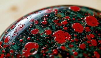 close up view of a bloodstone with dark green base and red flecks resembling drops of blood. photo