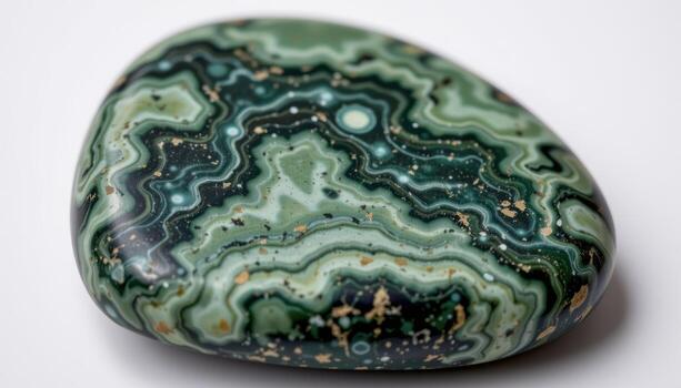 close up view of a tumbled serpentine stone with dark green marbled patterns and soft matte finish. photo