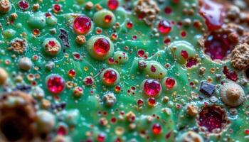 close up view of a zoisite with ruby inclusion, showing vibrant green with scattered red dots. photo