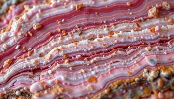 close up view of a polished rhodochrosite showing pink bands layered with white and cream tones. photo