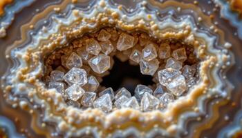 close up view of a geode cross section revealing sparkling quartz crystals inside contrasting agate layers. photo