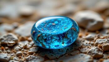 close up view of a polished apatite stone with vivid neon blue coloration under studio lighting. photo