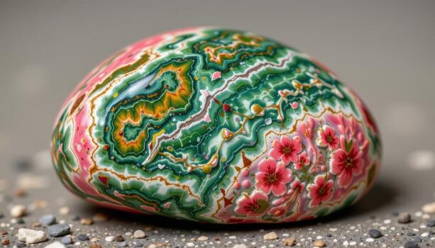 close up view of a tumbled unakite stone with green epidote and pink feldspar in harmony. photo