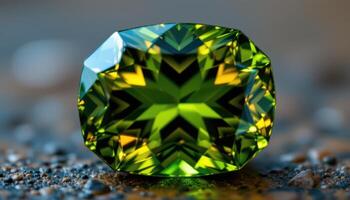 close up view of a faceted demantoid garnet with vivid green brilliance and internal fire. photo