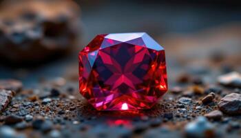 close up view of a faceted garnet gem glowing deeply with reflective red facets. photo