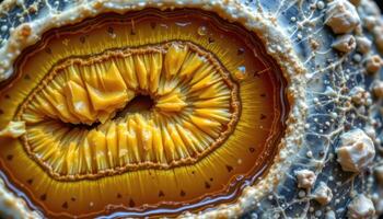 close up view of a polished septarian nodule with yellow calcite and brown aragonite veins. photo