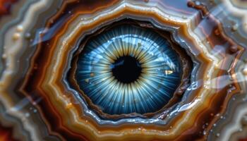 close up view of a polished agate eye with concentric circles and multicolored bands. photo