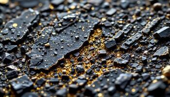 close up view of a polished nuummite slab with golden flash inclusions in dark matrix. photo