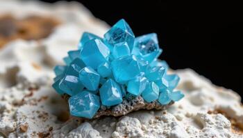 close up view of a rare cavansite crystal cluster glowing blue on a white matrix. photo