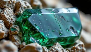 close up view of a polished dioptase crystal showing vibrant emerald green color. photo
