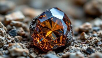 close up view of a rough sphalerite gem with high dispersion and glossy brown golden shine. photo