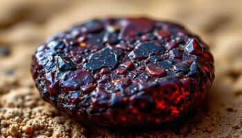 close up view of a polished almandine garnet stone with rich red brown glow. photo