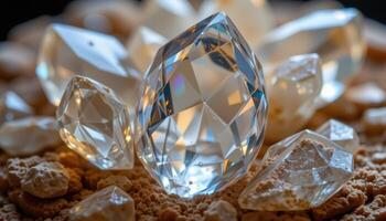 close up view of a polished quartz cluster reflecting ambient light from multiple points. photo