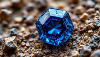 close up view of a rare benitoite crystal displaying sapphire blue color and hexagonal form. photo