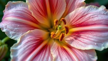 close up view of a fully opened lily showing intricate patterns and textures in its petals. photo