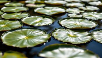 close up view of lily pads floating on a quiet pond with water glistening over their smooth surfaces. photo