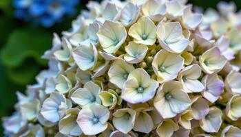 close up view of a cluster of white hydrangeas with subtle shades of blue and purple. photo