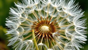 close up view of a dandelion seed head with feathery seeds ready to be blown away. photo