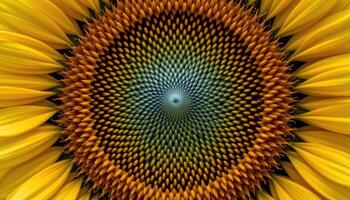 close up view of a large sunflower head with visible seeds forming a perfect fibonacci spiral. photo