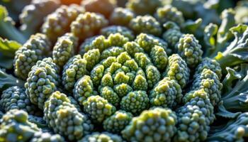 close up view of spiral patterns in romanesco broccoli glowing under natural sunlight. photo
