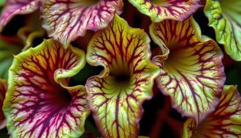 close up view of carnivorous pitcher plant leaves with translucent patterns and vibrant colors. photo