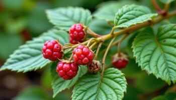 close up view of a raspberry cane with fresh red fruits nestled among serrated leaves. photo