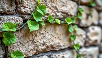 close up view of ivy vines climbing a textured stone wall, with leaf veins prominently visible. photo