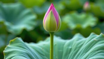 close up view of a lotus bud about to bloom, rising above wide circular leaves. photo