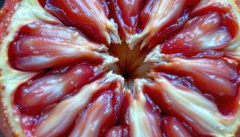 close up view of pomegranate skin cracked open showing seeds glistening inside. photo