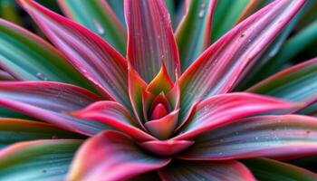 close up view of the edge of a bromeliad with bright red tips and smooth gradient coloring. photo