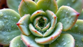close up view of water droplets sitting delicately on a succulent's waxy surface. photo